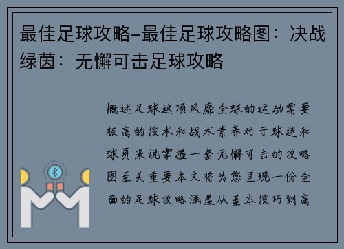 最佳足球攻略-最佳足球攻略图：决战绿茵：无懈可击足球攻略