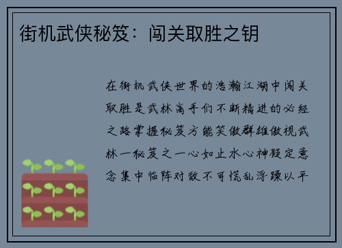 街机武侠秘笈：闯关取胜之钥